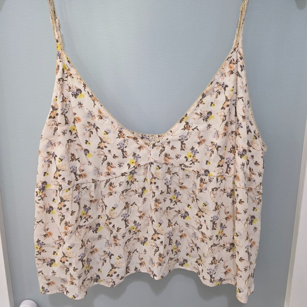 Little Moon Cream Floral Tank Top Women’s L Sleeveless Cami Blouse